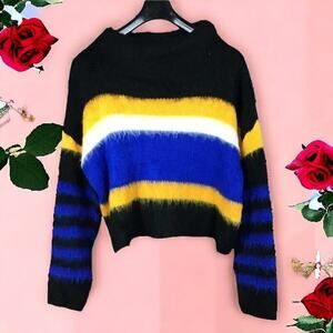 Abound Womens Large Black Sweater Crop Pullover Fuzzy Black Yellow Stripe NWT